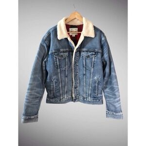 American Eagle Denim Jacket Sherpa Collar‎ Plaid Lined Jean Jacket L